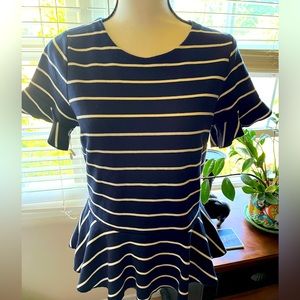 J. Crew Navy Blue and White Striped Peplum Top sz M